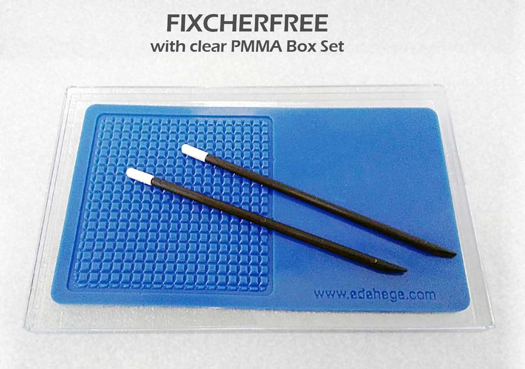 FIXCHERFREE holding pad with two PIKALEEN sticks inside a clear PMMA box set