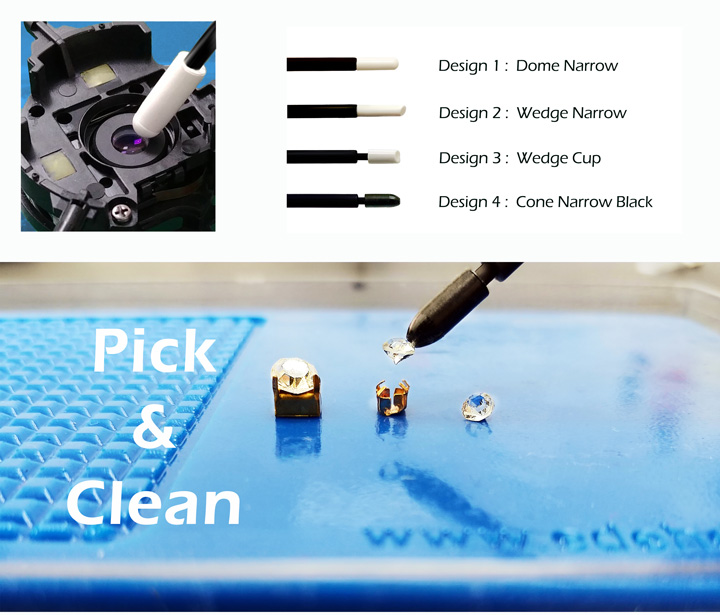 Four PIKALEEN tip designs: Dome Narrow, Wedge Narrow, Wedge Cup and Cone Narrow Black, with pick and clean examples