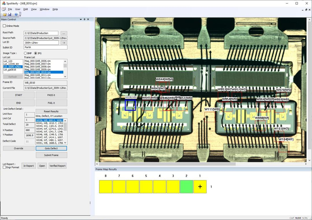 CORTEX inspection software showing wire bond defect detection with frame map results