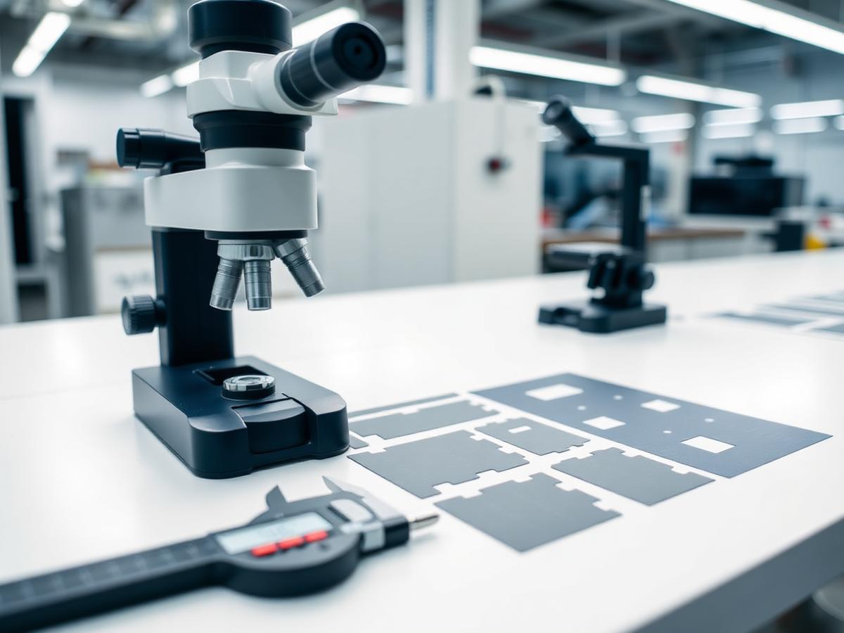 Quality control bench with microscope, calipers and die-cut sample sheets