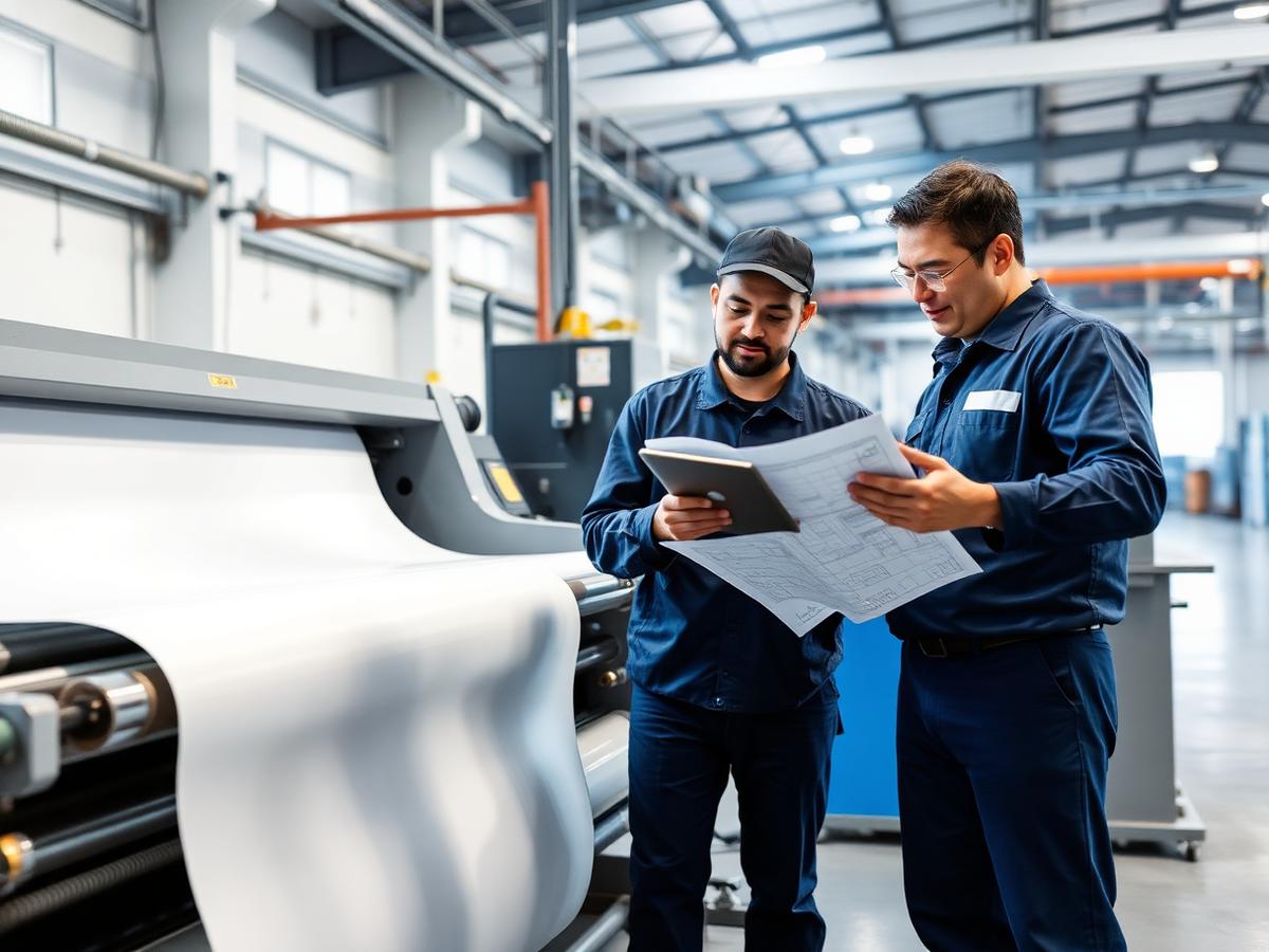 Two ADH engineers reviewing converting drawings beside a slitting machine