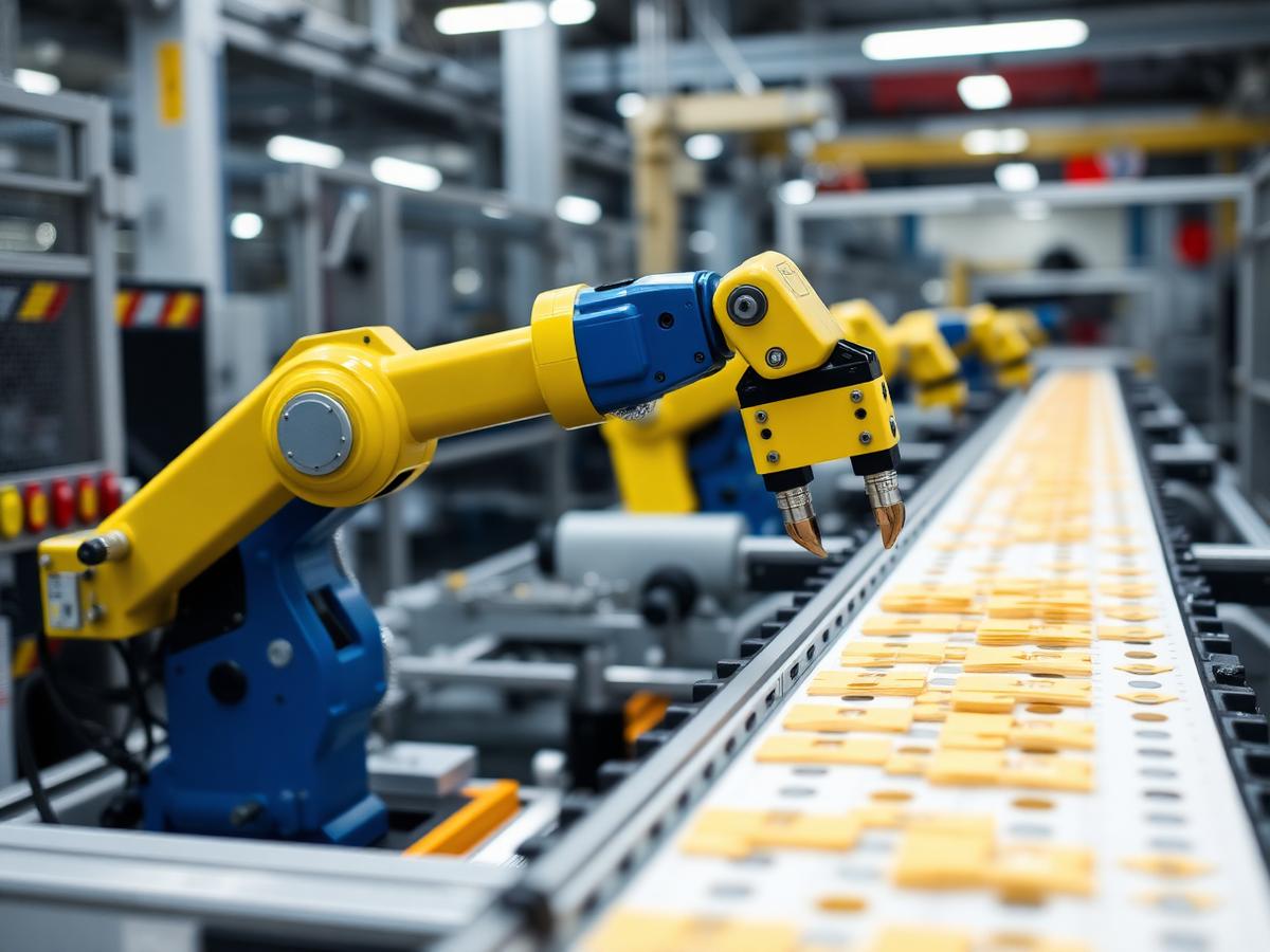 Robotic pick and place arm handling die-cut parts on an automation line
