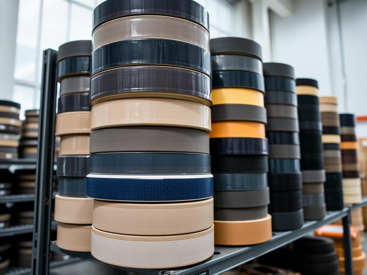 Stacked rolls of industrial adhesive tape in various widths